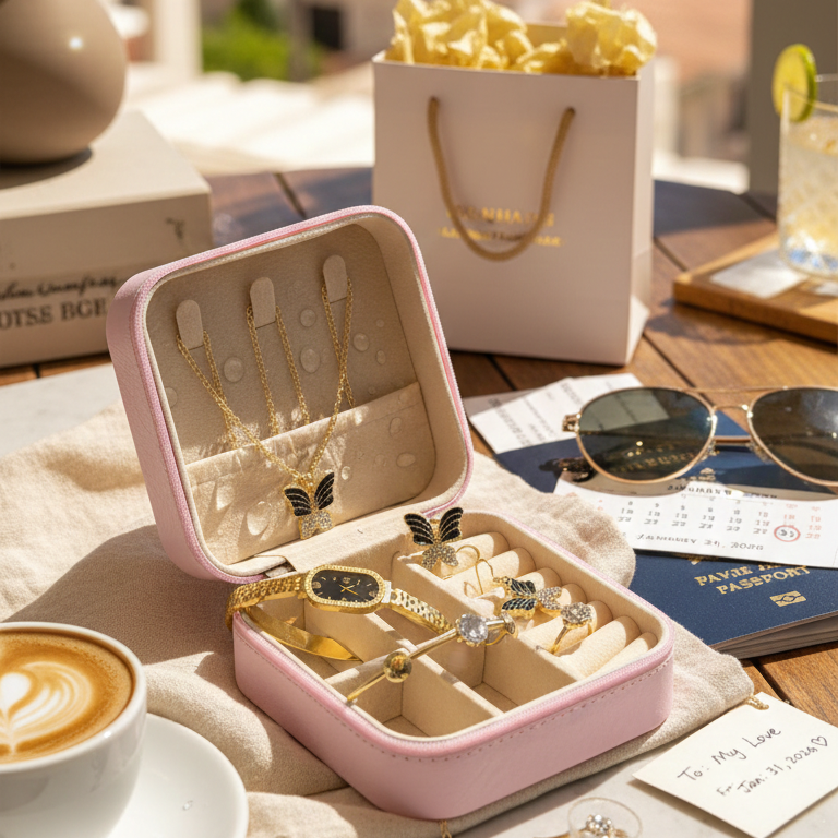 Elegant 6-piece butterfly gold-tone jewelry set with luxury travel case, perfect for gifting today!