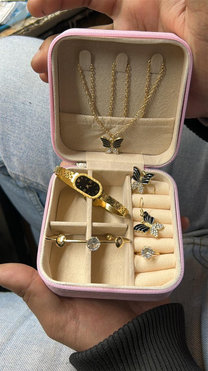 Elegant 6-piece butterfly gold-tone jewelry set with luxury travel case, perfect for gifting today!