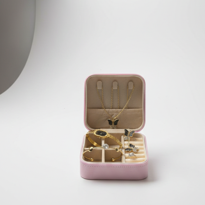 Elegant 6-piece butterfly gold-tone jewelry set with luxury travel case, perfect for gifting today!