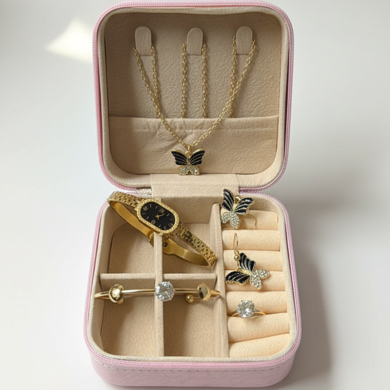 Elegant 6-piece butterfly gold-tone jewelry set with luxury travel case, perfect for gifting today!