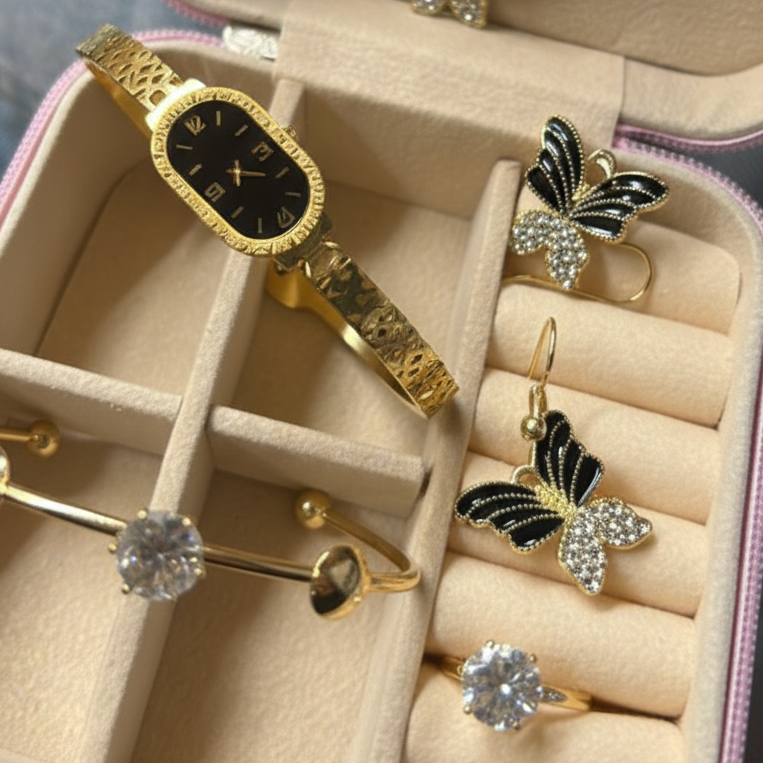 Elegant 6-piece butterfly gold-tone jewelry set with luxury travel case, perfect for gifting today!