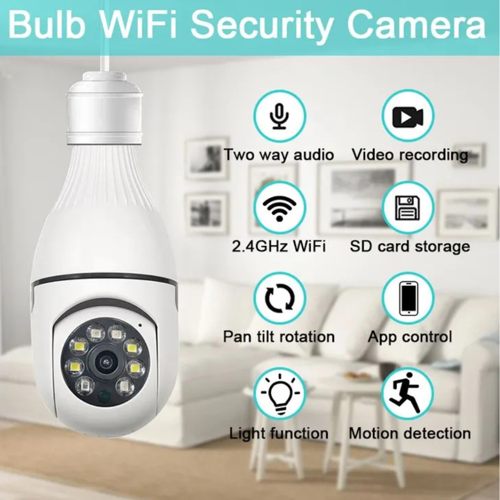 WiFi Bulb Camera | 1080P HD | 360° PTZ View | Night Vision | Motion Detect | Two-Way Audio | V380 App