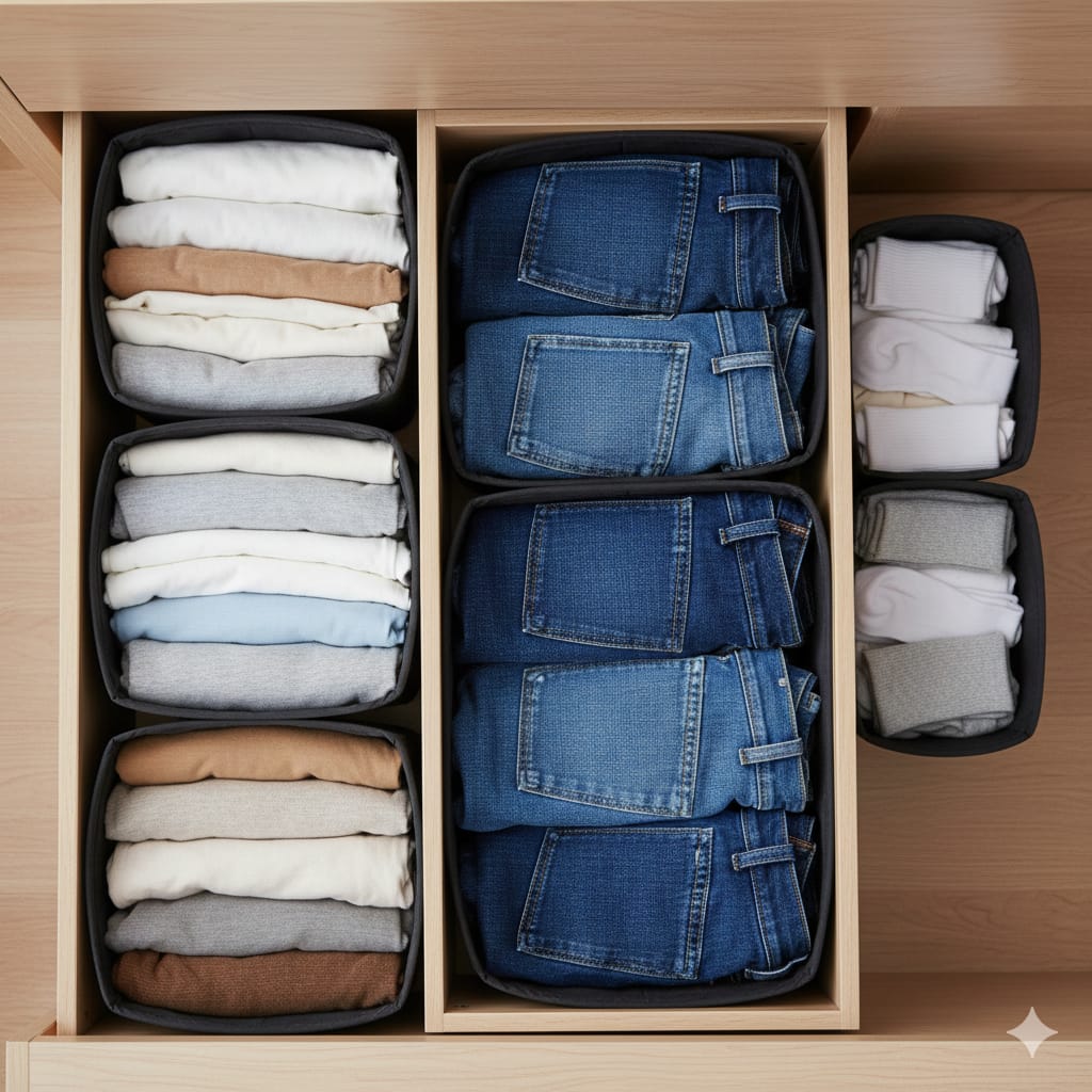 6 Grids Wardrobe Organizer – Foldable Mesh Storage Box for Jeans, Clothes & Closet Use