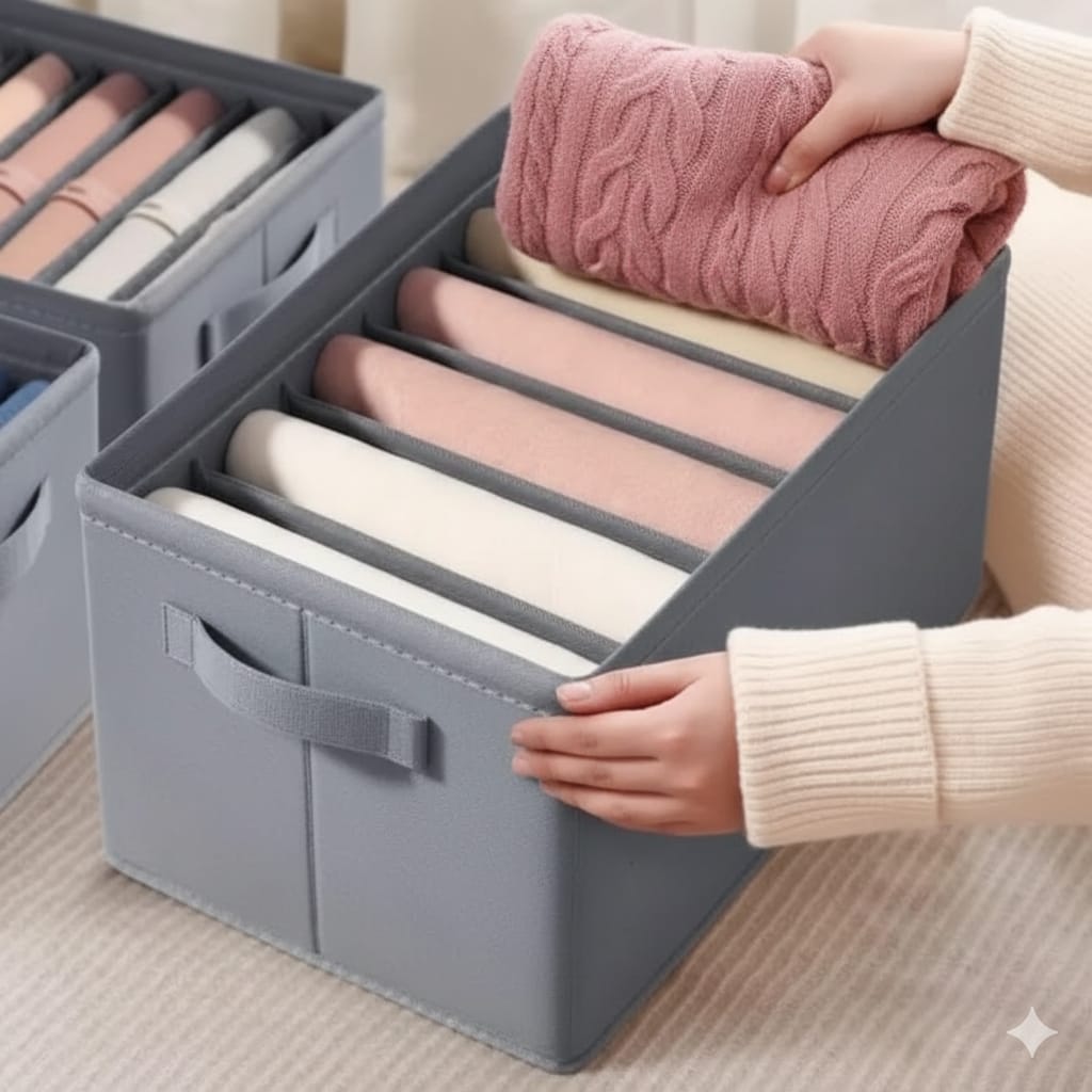 6 Grids Wardrobe Organizer – Foldable Mesh Storage Box for Jeans, Clothes & Closet Use